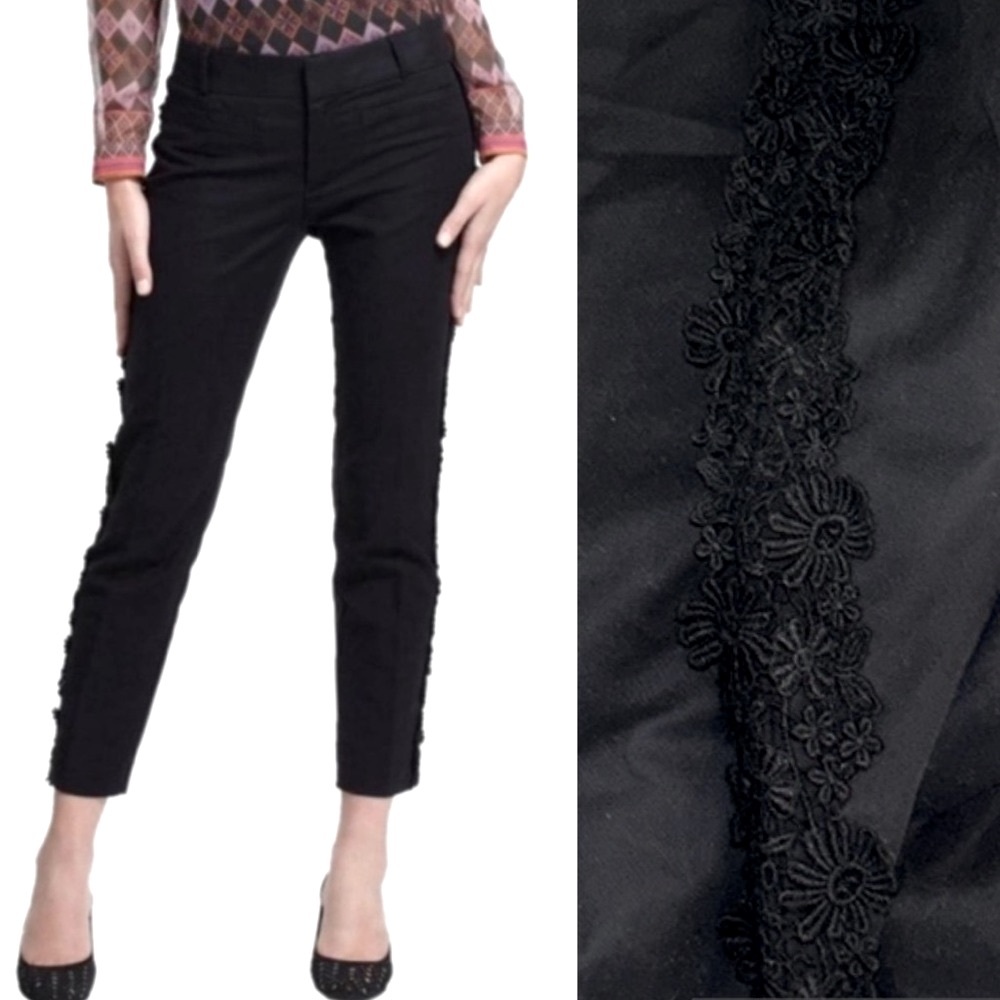 Anthropologie Elevenses Black Daisy Crochet Lace Trimmed Tuxedo Crop Pants - 6